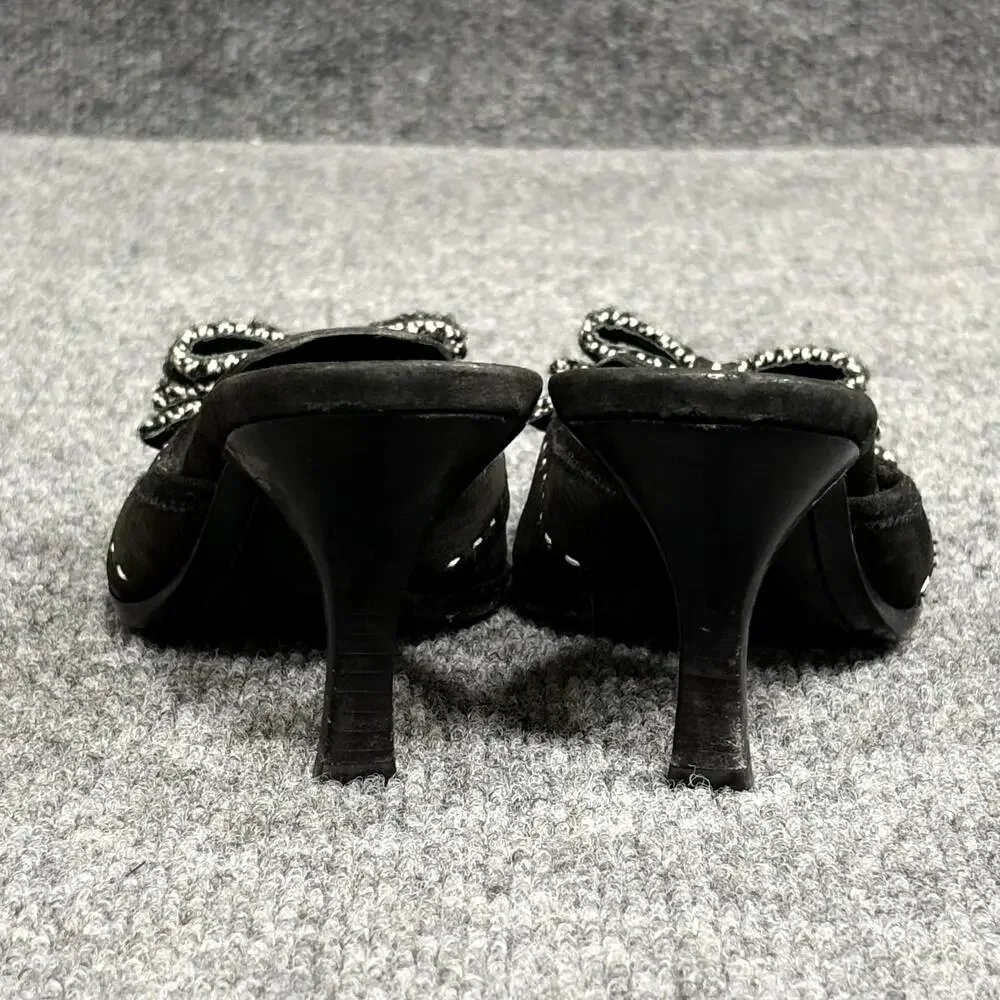 Prada Shoes Womens 6 EU 36 Black Suede Whipstitch Bow Mule Kitten Heels Italy